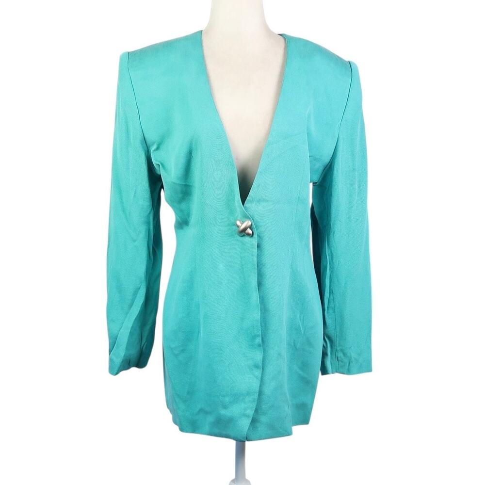Vintage 80s Aqua Blue Silk Collarless Longline Blazer Jacket L